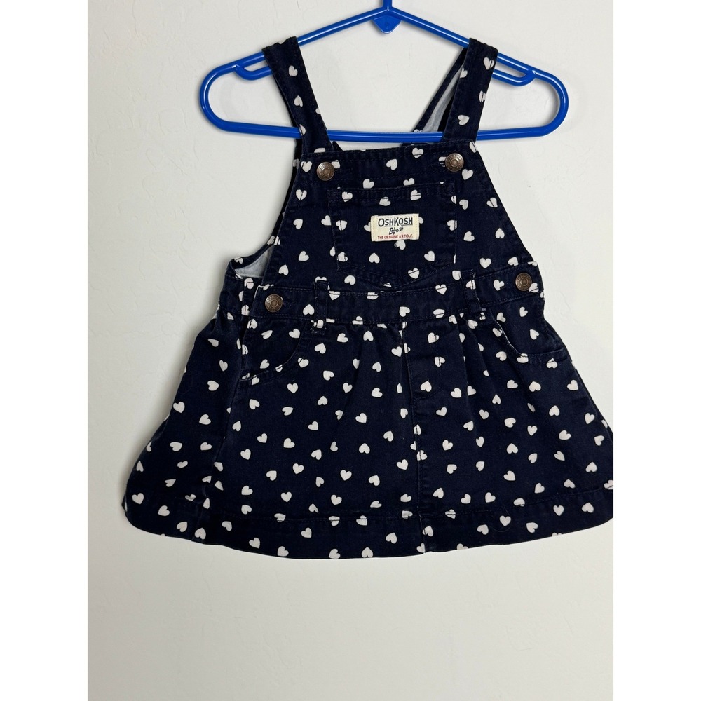 OshKosh B'gosh Girls Navy Blue Heart Print‎ Denim Bib Jumper Dress 24 Months